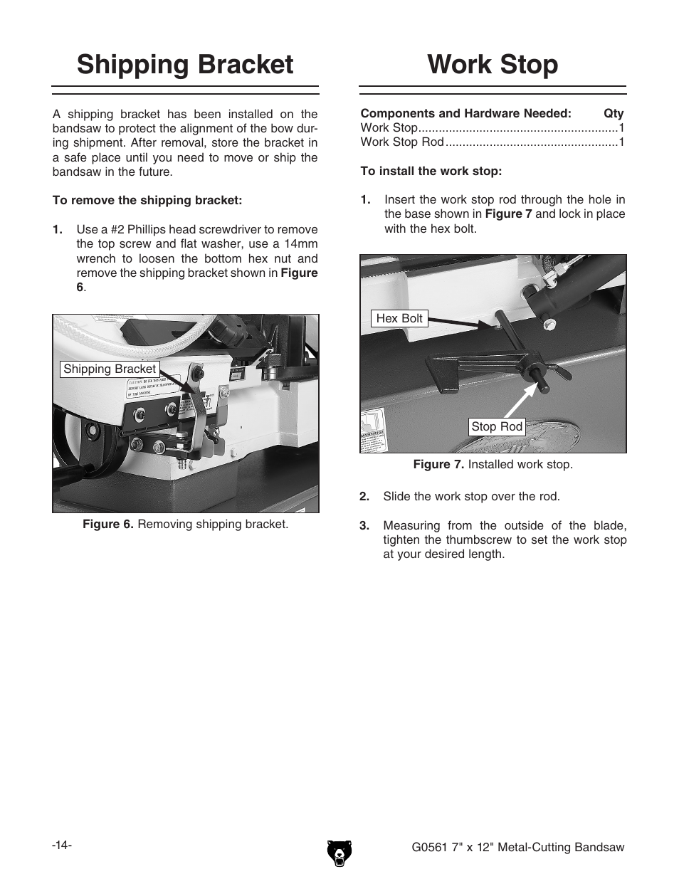 Shipping bracket, Work stop | Grizzly G0561 User Manual | Page 16 / 52