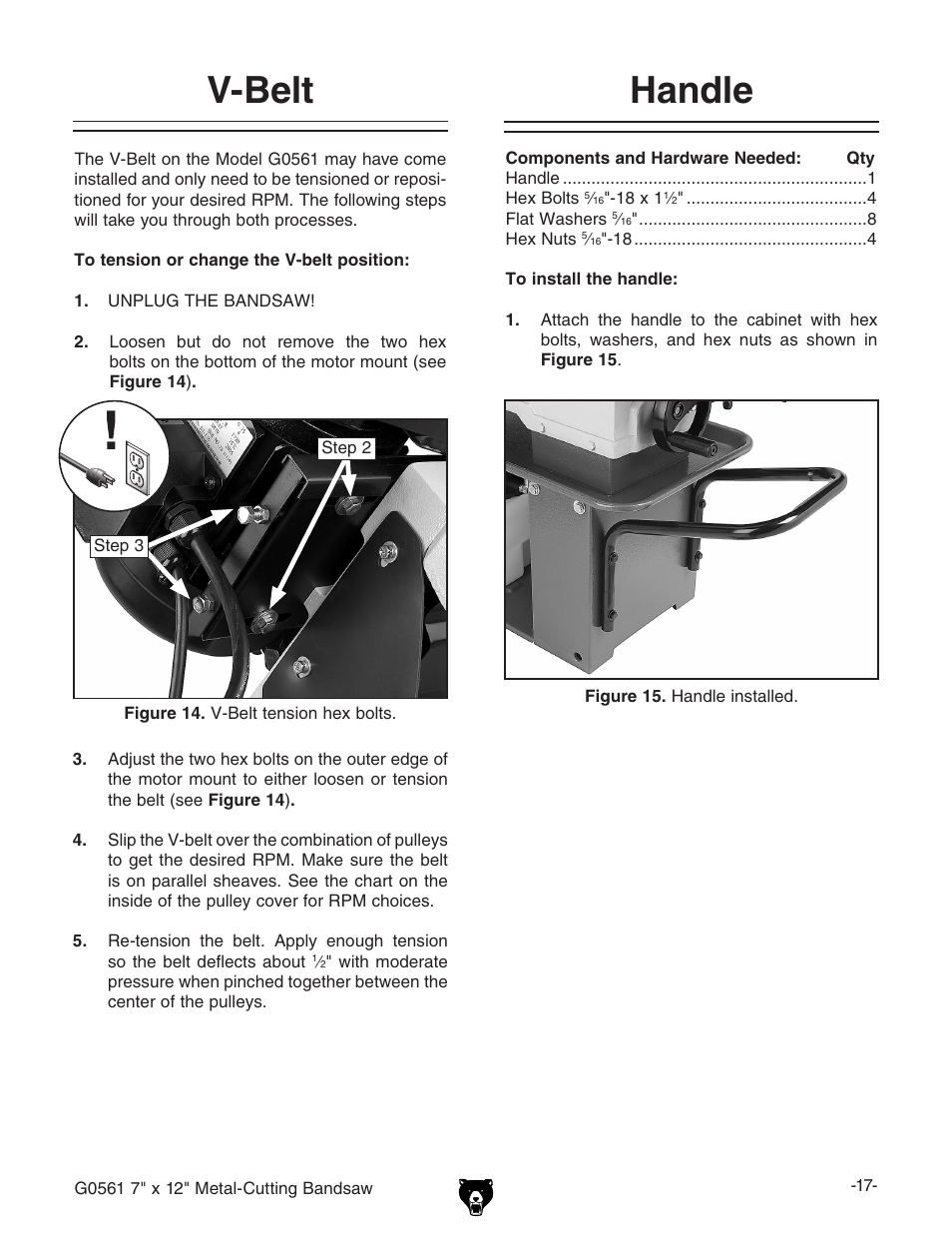 V-belt, Handle | Grizzly G0561 User Manual | Page 19 / 52
