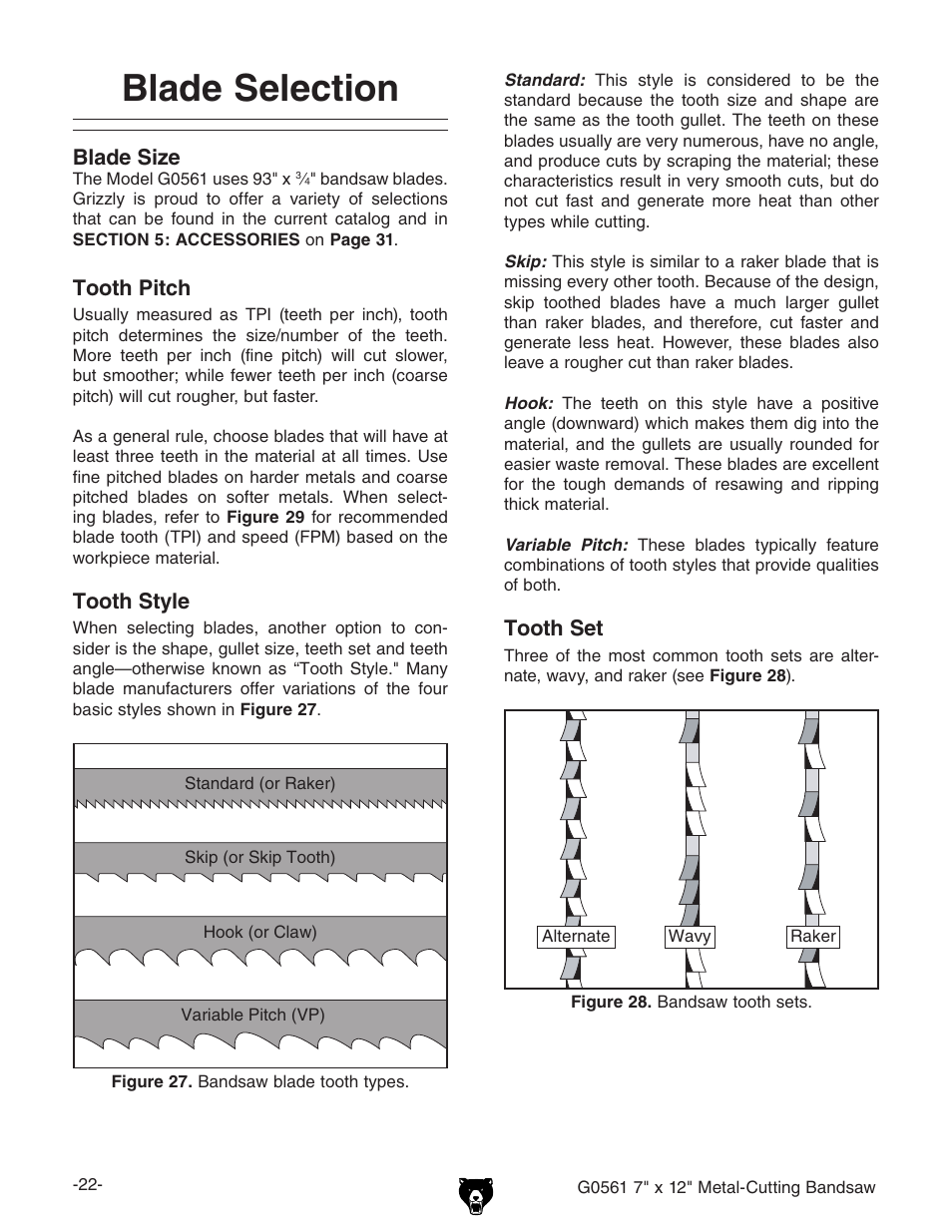 Blade selection | Grizzly G0561 User Manual | Page 24 / 52