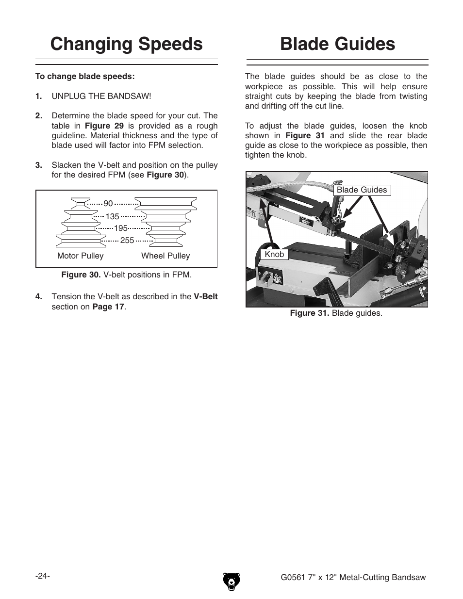 Blade guides, Changing speeds | Grizzly G0561 User Manual | Page 26 / 52