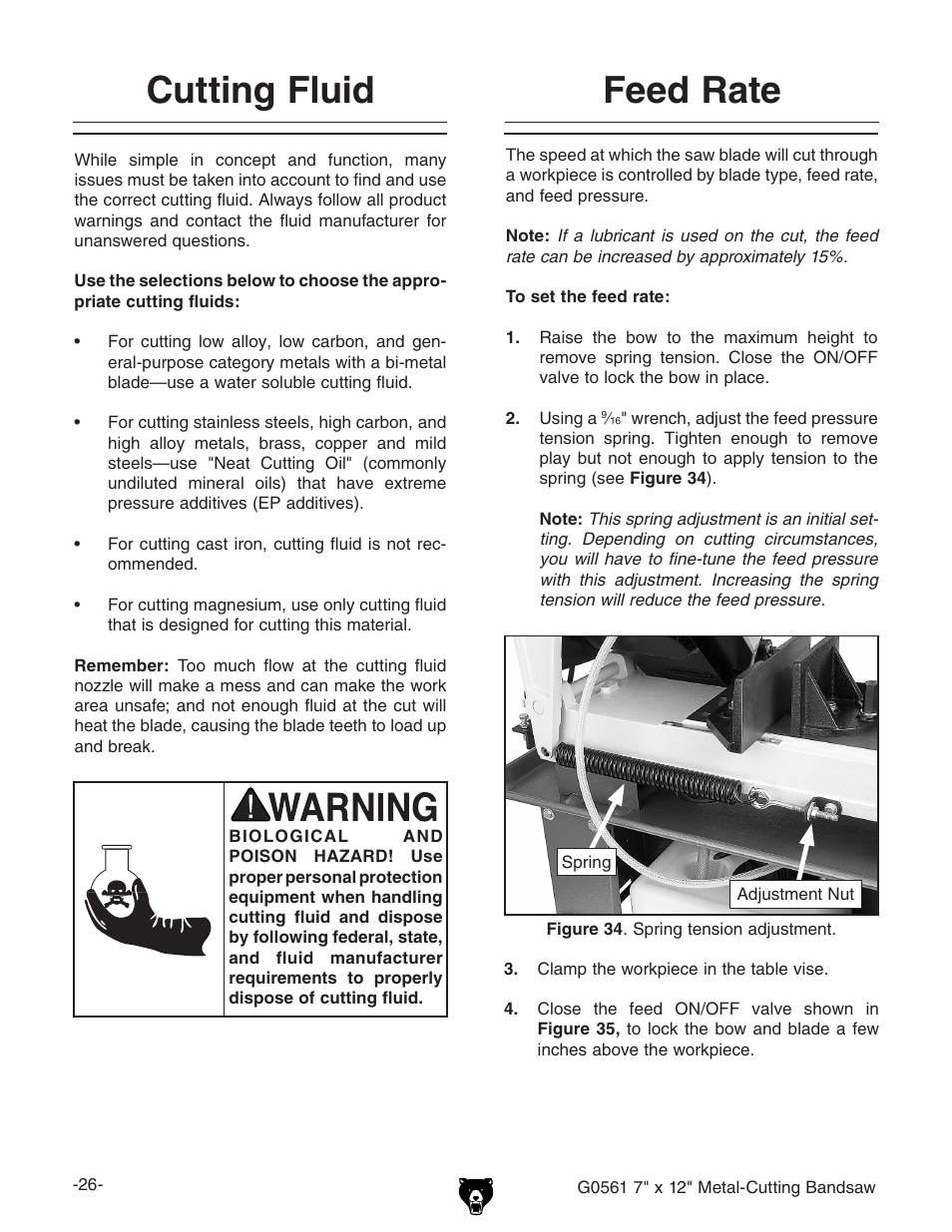Cutting fluid, Feed rate | Grizzly G0561 User Manual | Page 28 / 52