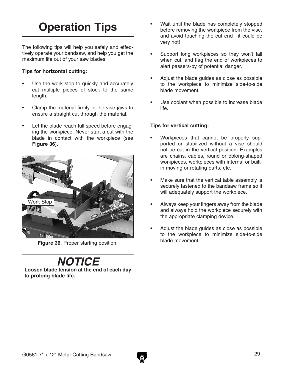 Operation tips, Notice | Grizzly G0561 User Manual | Page 31 / 52