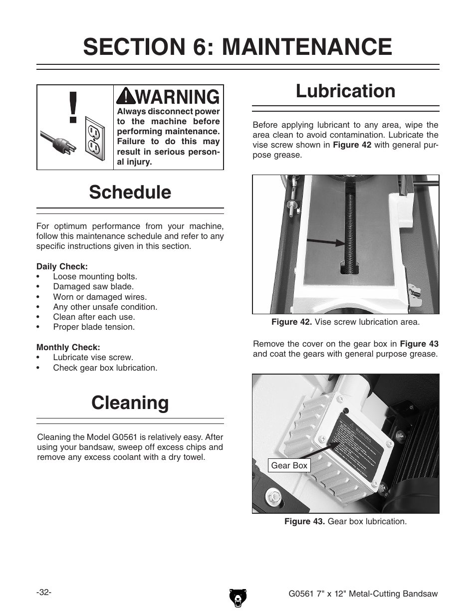 Lubrication, Cleaning, Schedule | Grizzly G0561 User Manual | Page 34 / 52