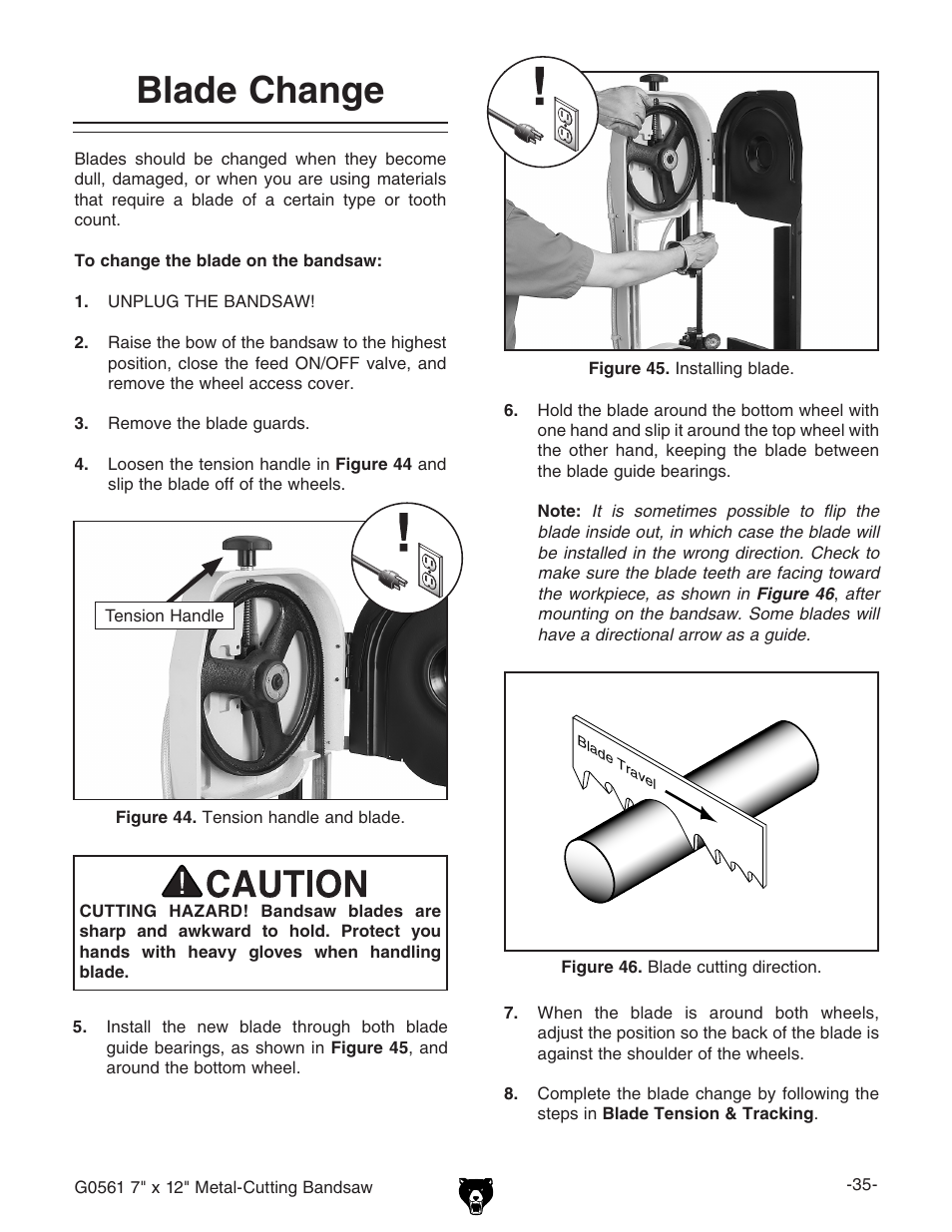 Blade change | Grizzly G0561 User Manual | Page 37 / 52