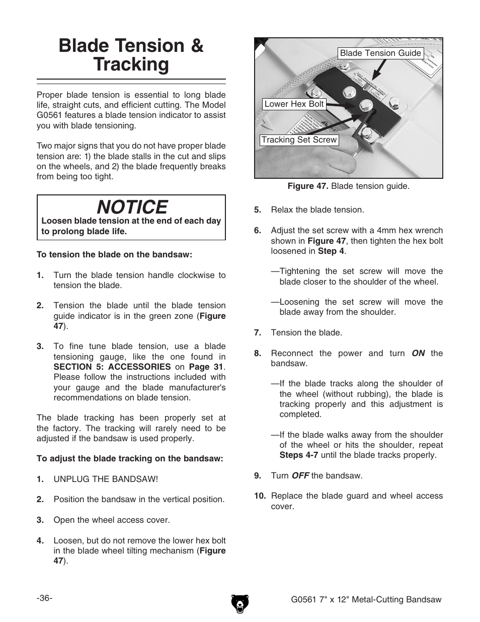 Blade tension & tracking, Notice | Grizzly G0561 User Manual | Page 38 / 52