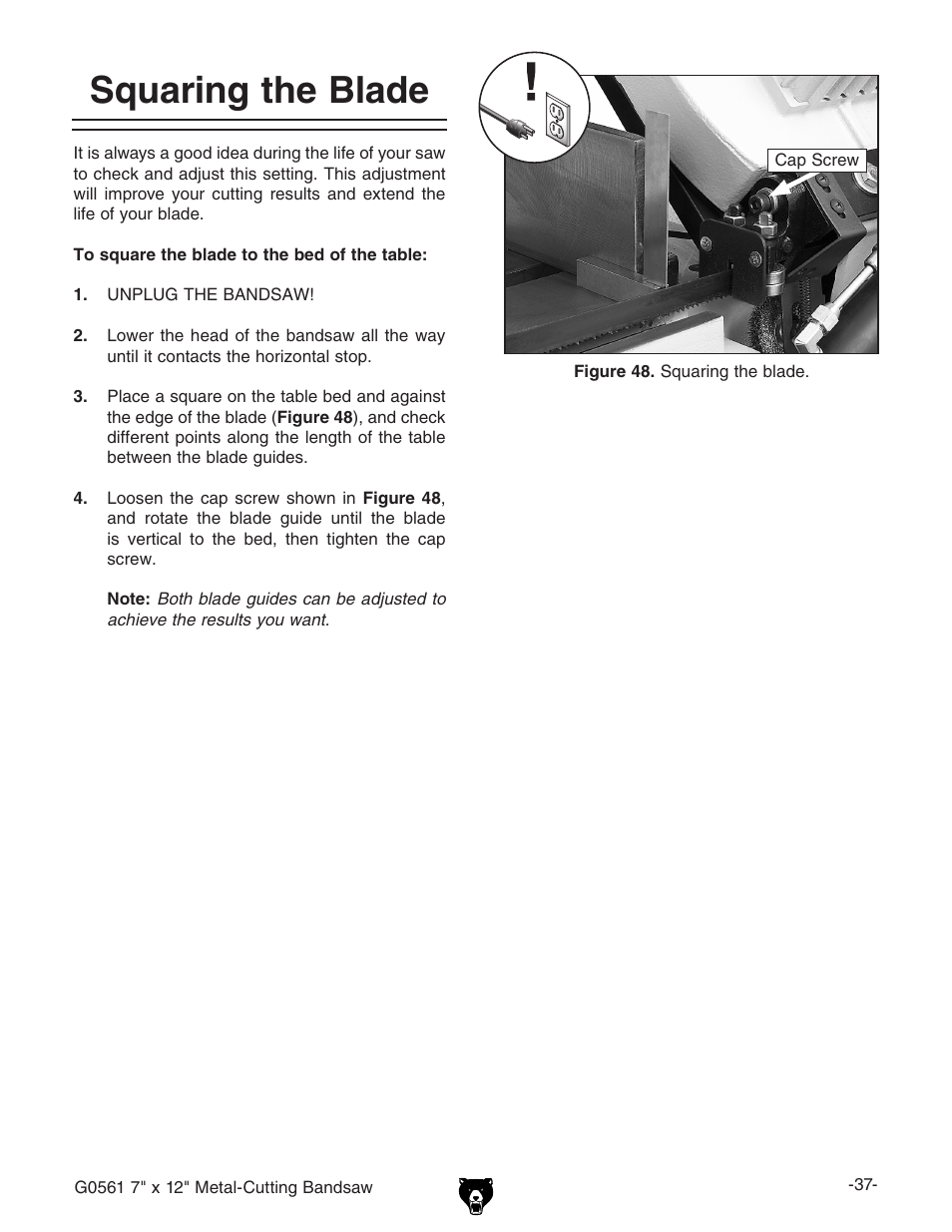 Squaring the blade | Grizzly G0561 User Manual | Page 39 / 52