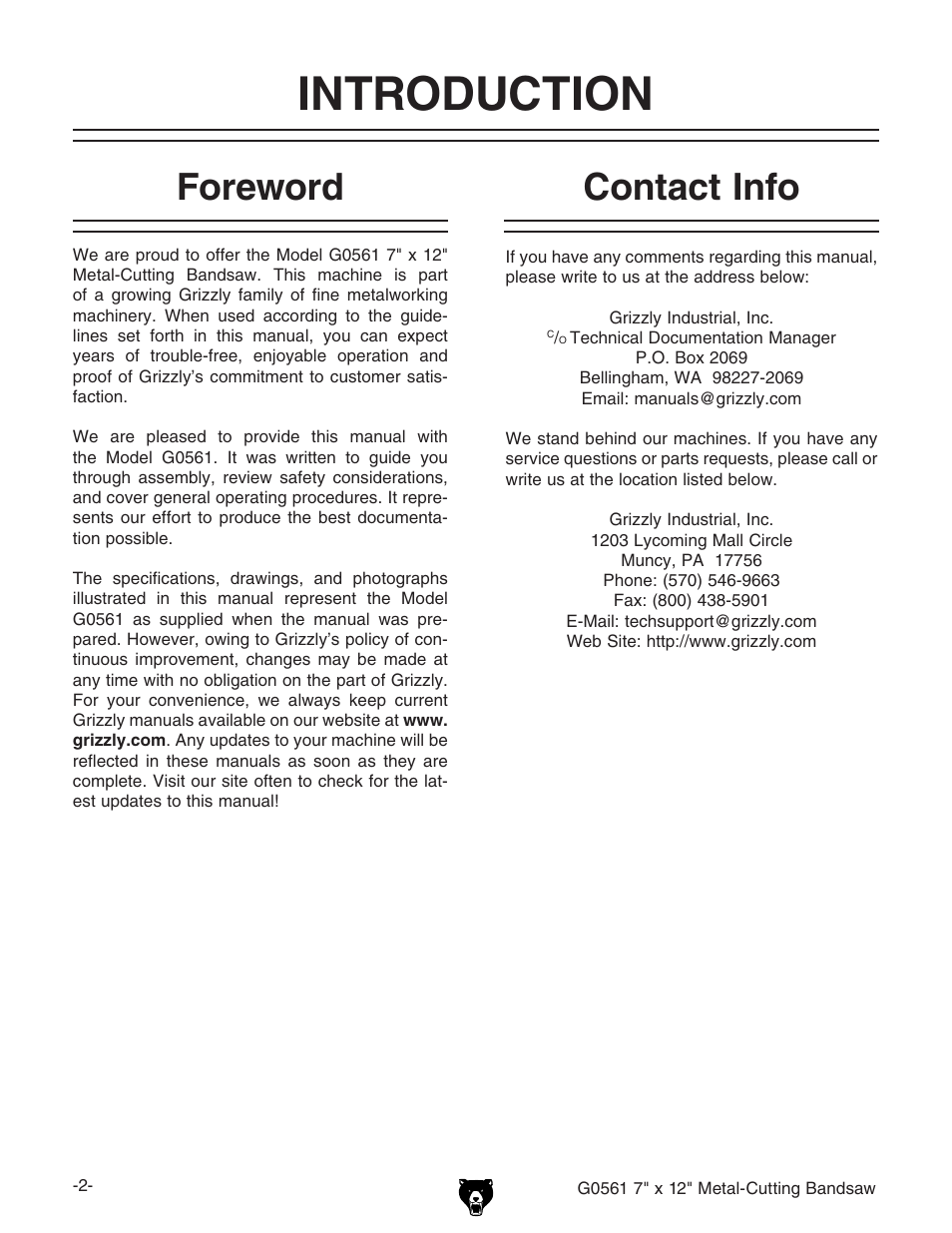 Introduction, Foreword, Contact info | Grizzly G0561 User Manual | Page 4 / 52