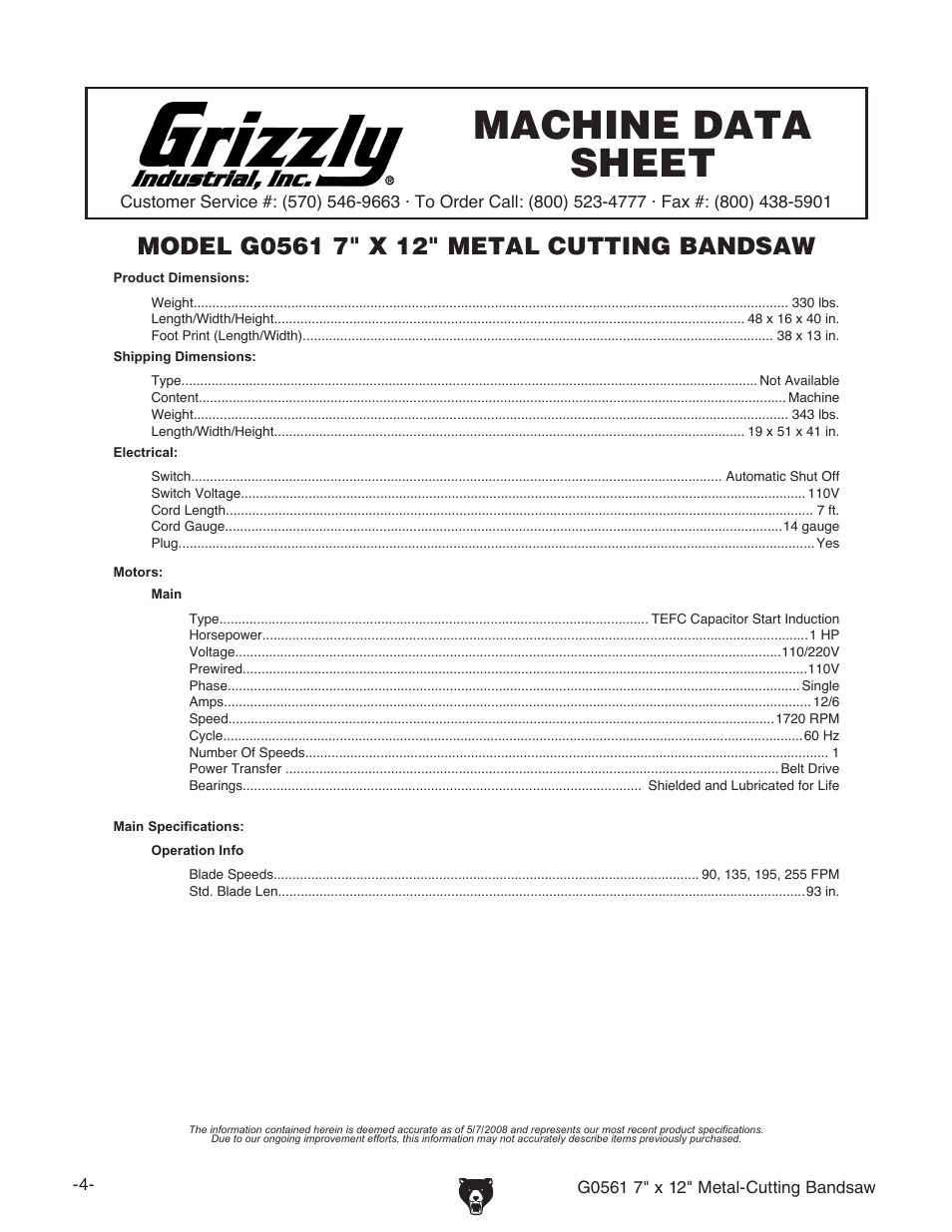 Machine data sheet | Grizzly G0561 User Manual | Page 6 / 52