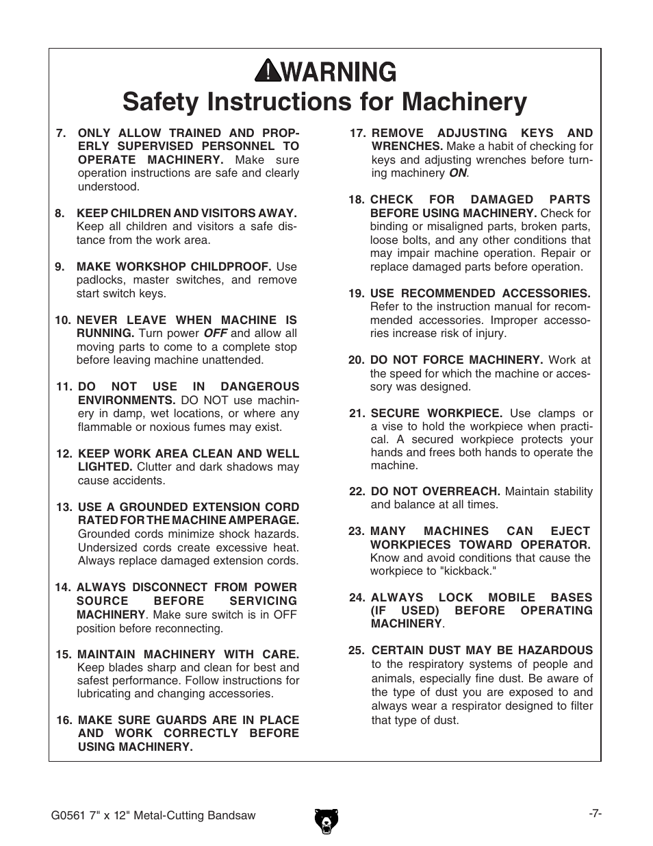 3afety | Grizzly G0561 User Manual | Page 9 / 52