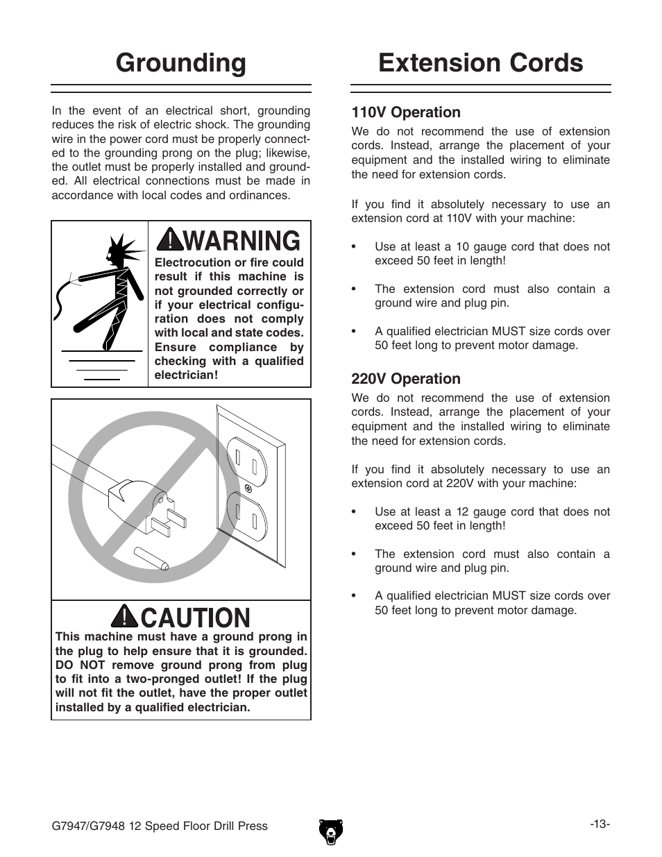Extension cords grounding | Grizzly G7947 User Manual | Page 15 / 56