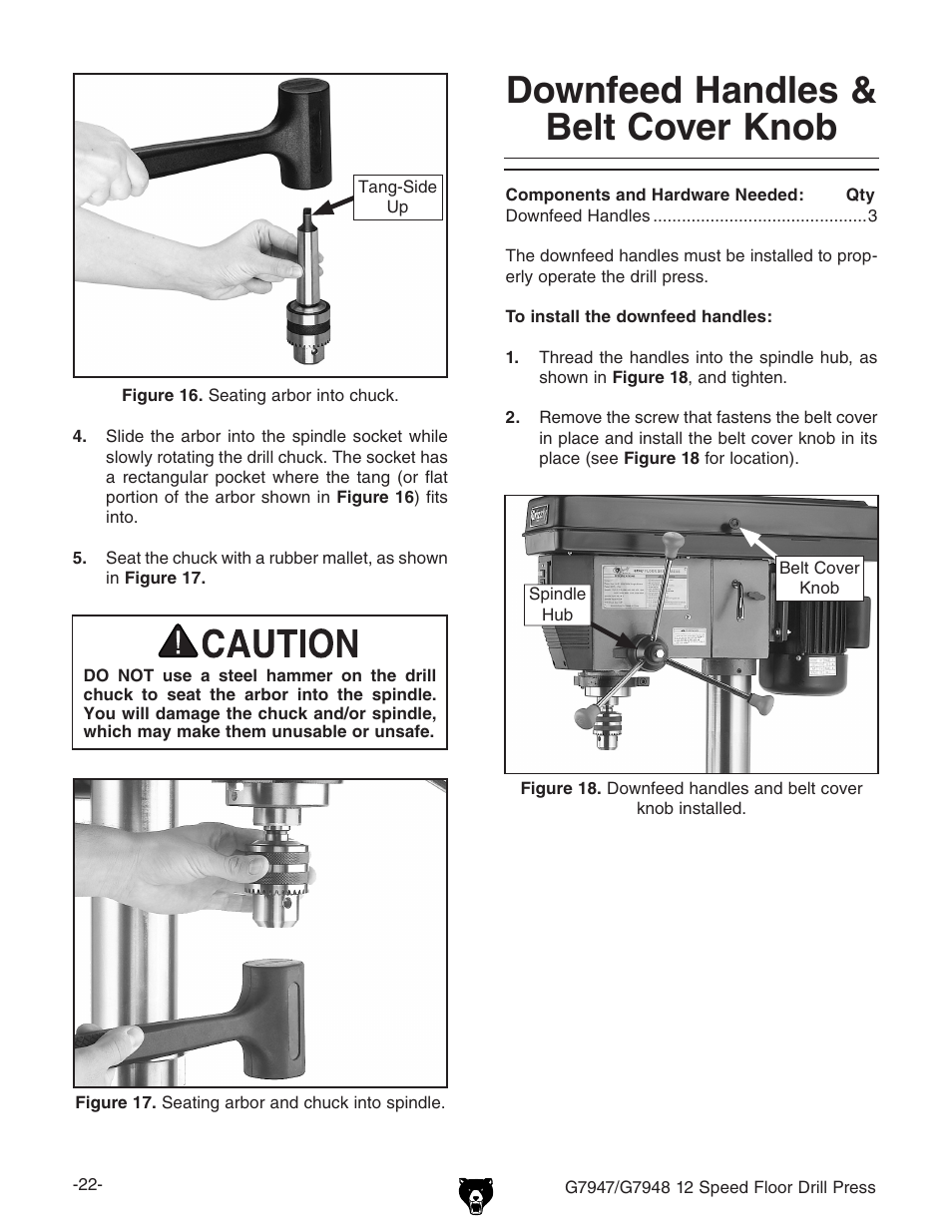 Downfeed handles & belt cover knob | Grizzly G7947 User Manual | Page 24 / 56