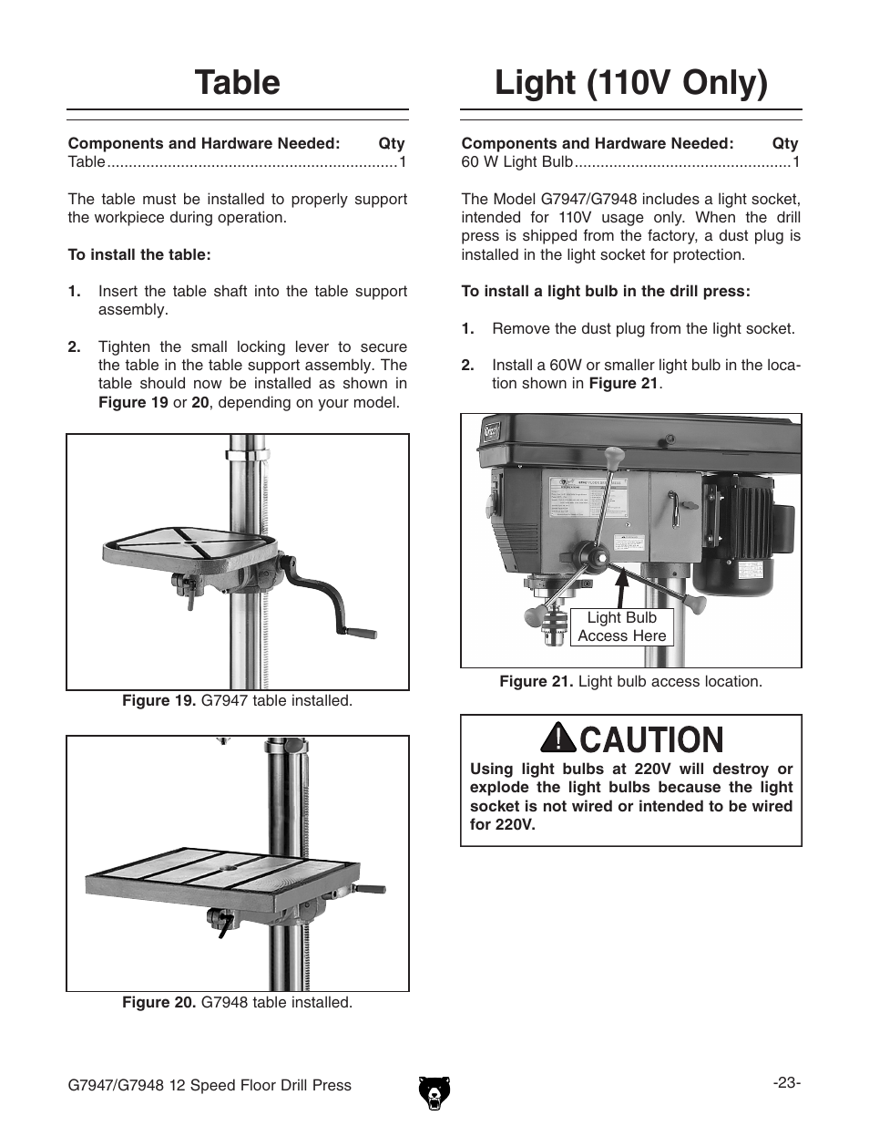 Table, Light (110v only) | Grizzly G7947 User Manual | Page 25 / 56