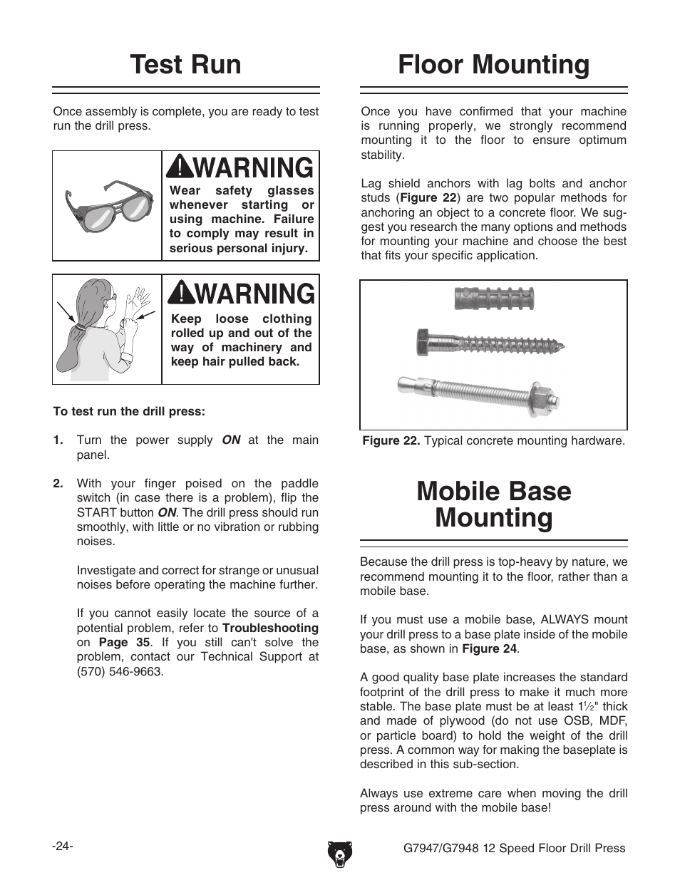 Test run, Floor mounting, Mobile base mounting | Grizzly G7947 User Manual | Page 26 / 56