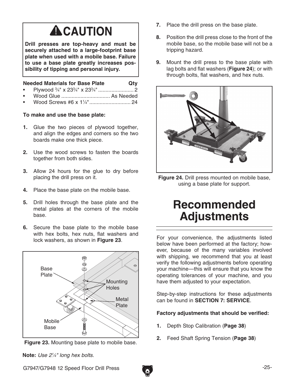 Recommended adjustments | Grizzly G7947 User Manual | Page 27 / 56