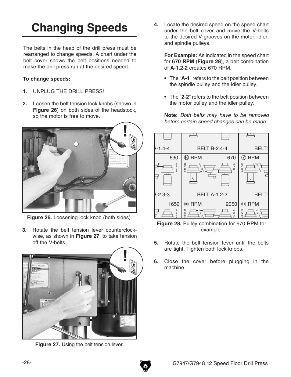 Changing speeds | Grizzly G7947 User Manual | Page 30 / 56