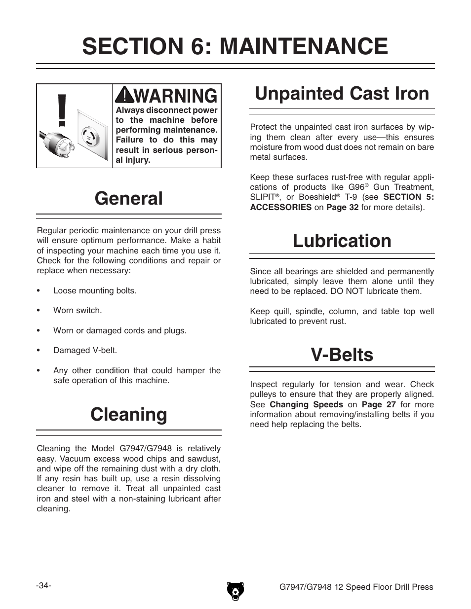 Cleaning, Unpainted cast iron lubrication v-belts, General | Grizzly G7947 User Manual | Page 36 / 56