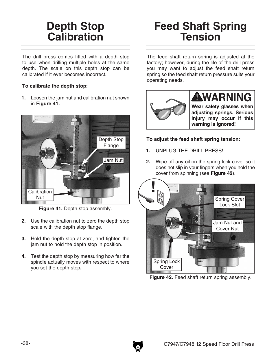 Depth stop calibration, Feed shaft spring tension | Grizzly G7947 User Manual | Page 40 / 56