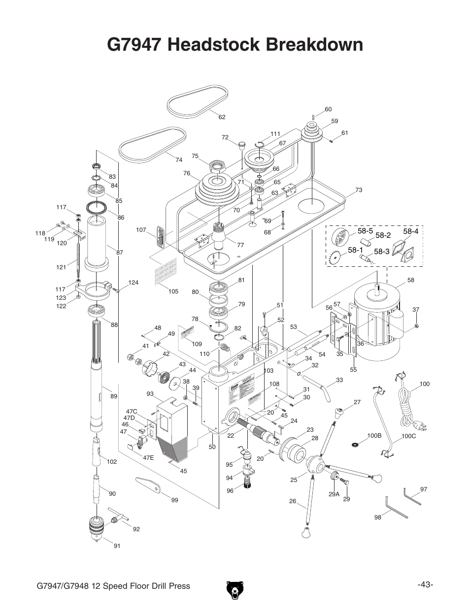 G7947 headstock breakdown | Grizzly G7947 User Manual | Page 45 / 56