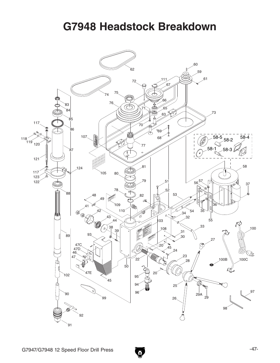 G7948 headstock breakdown | Grizzly G7947 User Manual | Page 49 / 56