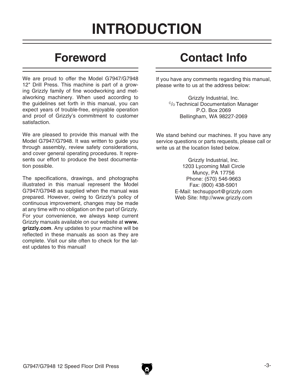 Introduction, Foreword, Contact info | Grizzly G7947 User Manual | Page 5 / 56