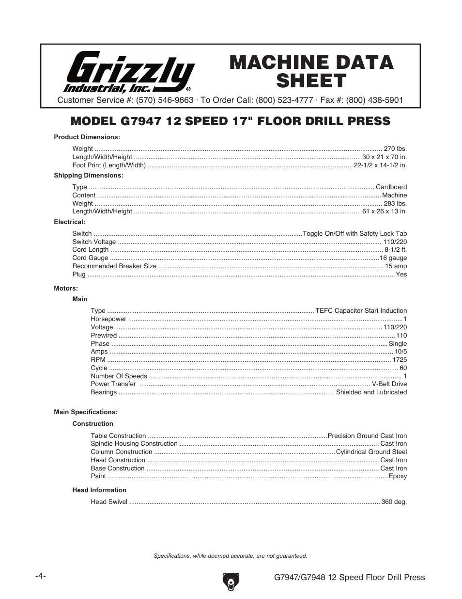 Machine data sheet, G7947 machine data sheet | Grizzly G7947 User Manual | Page 6 / 56