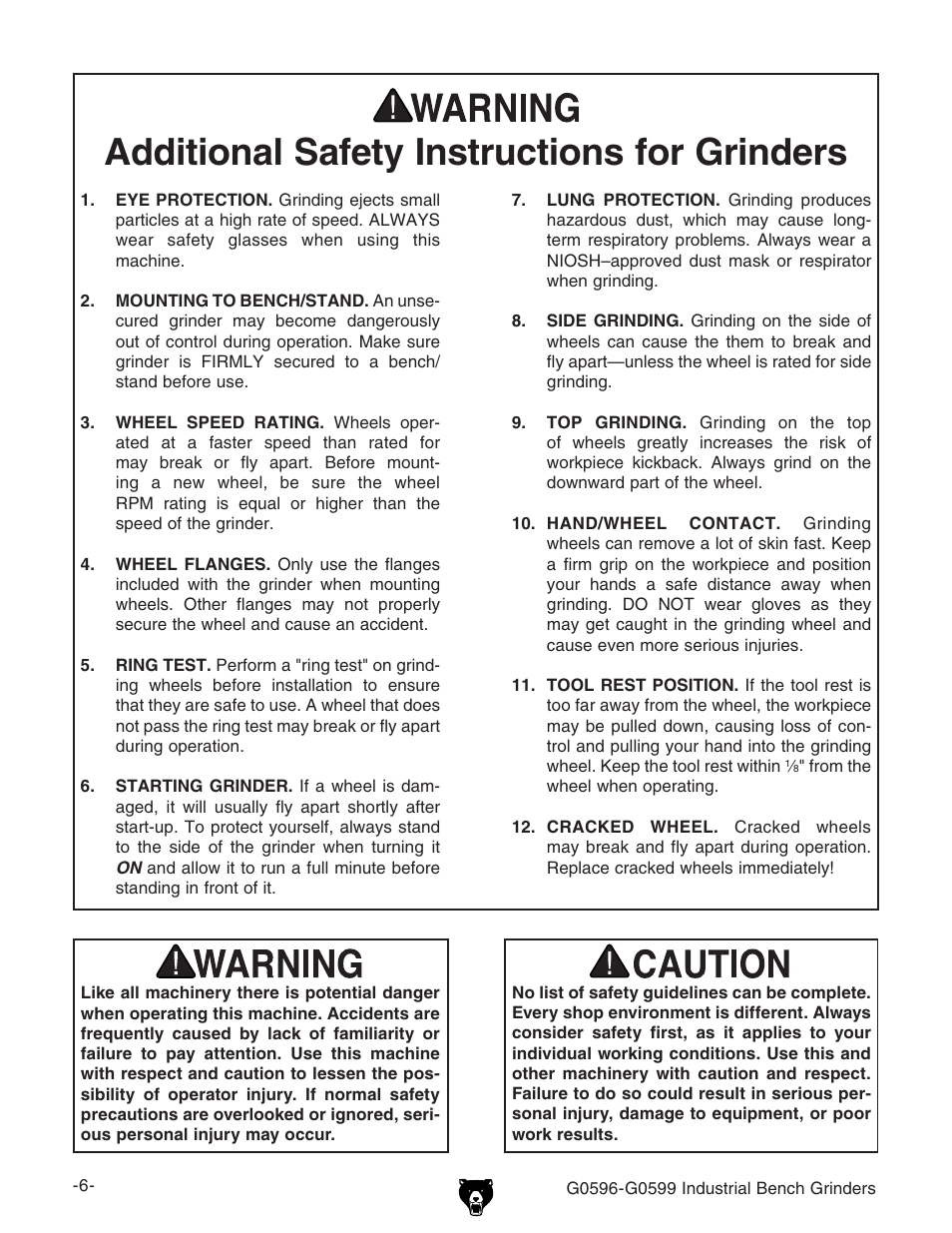 Additional safety instructions for grinders | Grizzly G0596 User Manual | Page 9 / 33