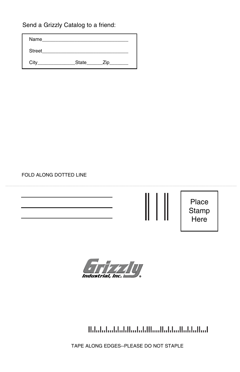 Place stamp here | Grizzly H2909 User Manual | Page 16 / 16