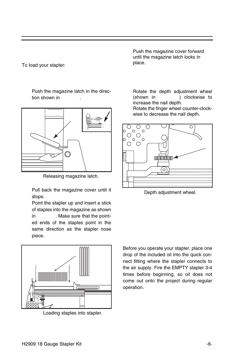 Operation, Loading stapler depth adjustment operating stapler | Grizzly H2909 User Manual | Page 7 / 16