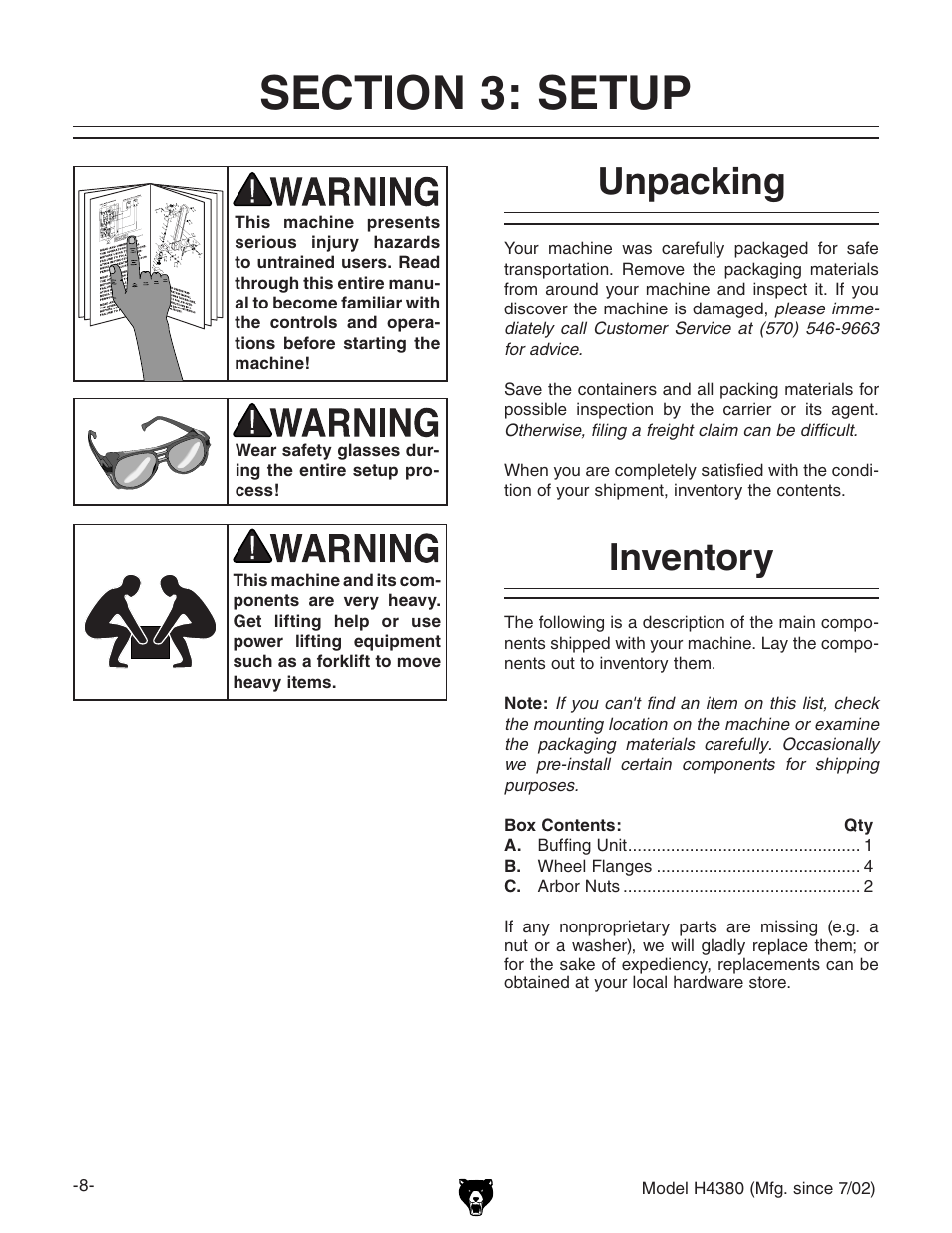 Unpacking, Inventory | Grizzly H4380 User Manual | Page 10 / 20