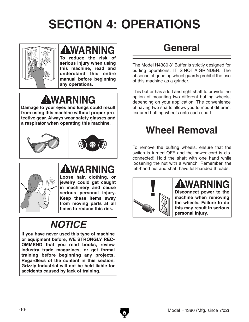 Notice, General, Wheel removal | Grizzly H4380 User Manual | Page 12 / 20