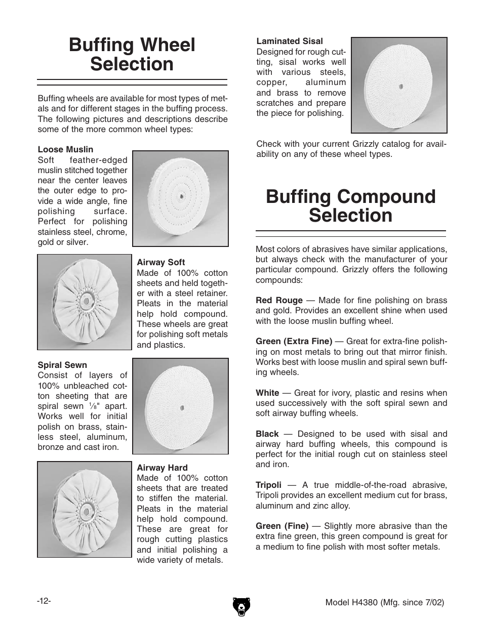 Buffing wheel selection buffing compound selection | Grizzly H4380 User Manual | Page 14 / 20