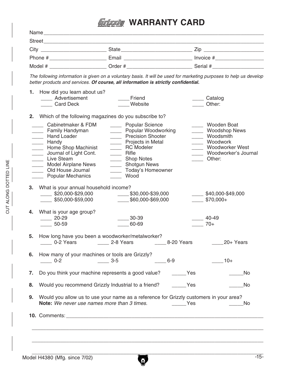 Warranty card | Grizzly H4380 User Manual | Page 17 / 20