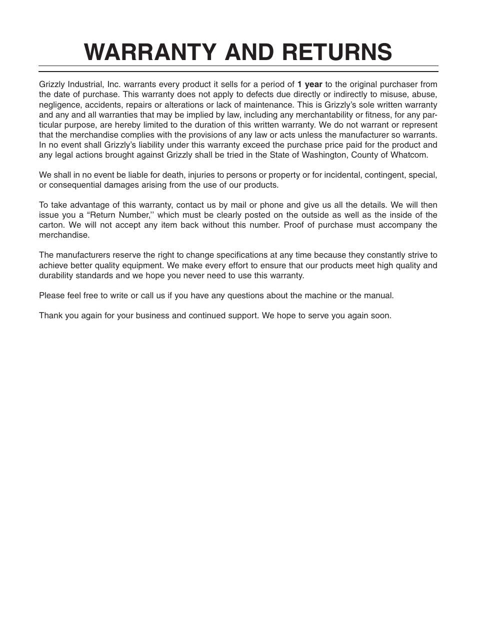 Warranty and returns | Grizzly H4380 User Manual | Page 19 / 20