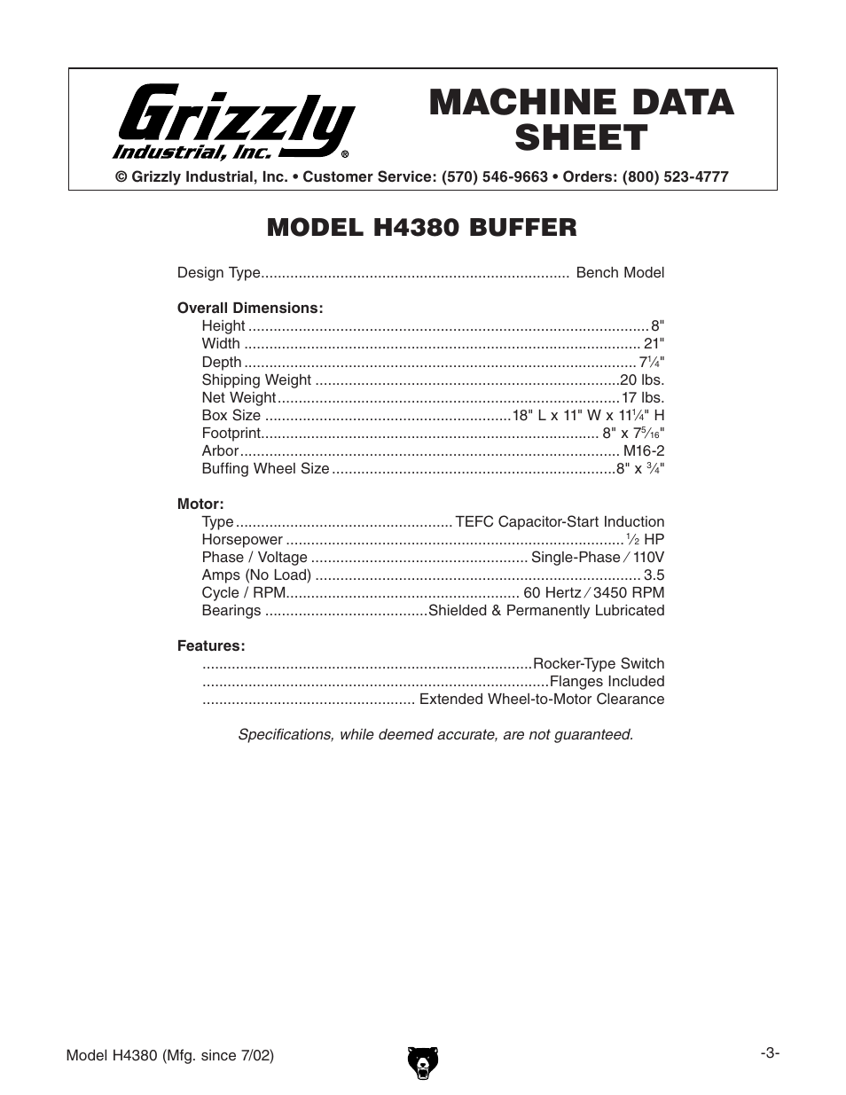 Machine data sheet, Model h4380 buffer | Grizzly H4380 User Manual | Page 5 / 20