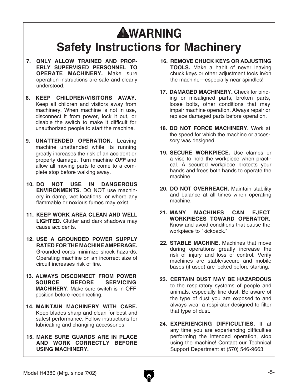 Safety instructions for machinery | Grizzly H4380 User Manual | Page 7 / 20