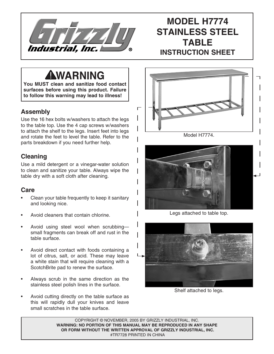 Grizzly STAINLESS STEEL TABLE MODEL User Manual | 2 pages