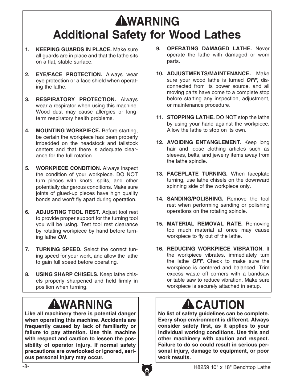 Additional safety for wood lathes | Grizzly H8259 User Manual | Page 10 / 36
