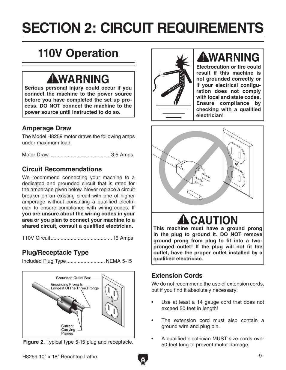 110v operation | Grizzly H8259 User Manual | Page 11 / 36