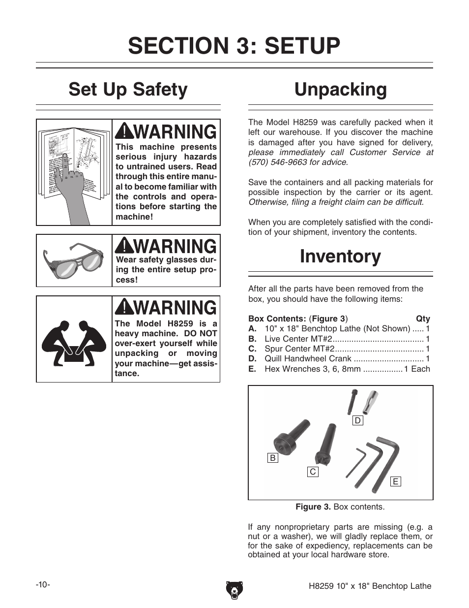 Set up safety, Unpacking inventory | Grizzly H8259 User Manual | Page 12 / 36