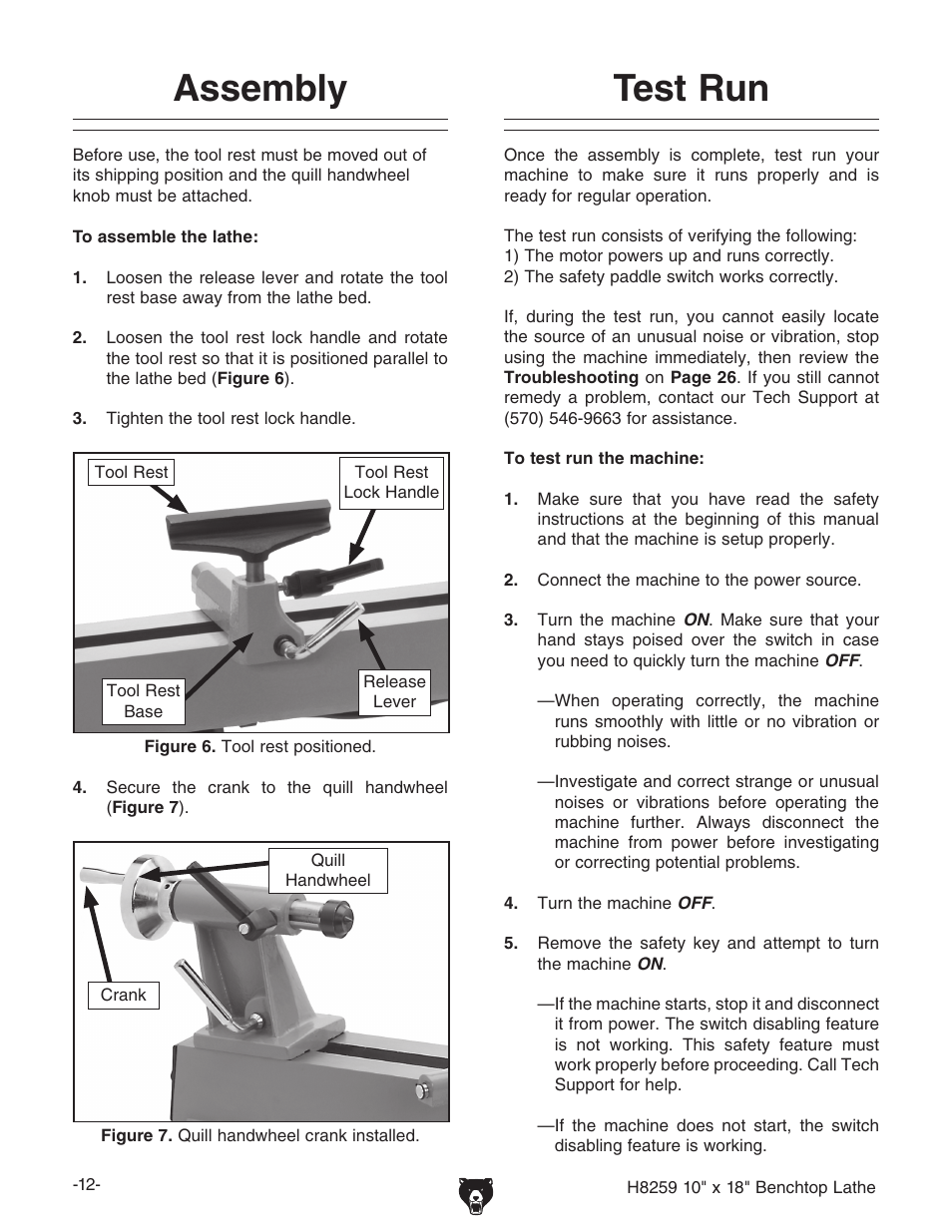 Assembly, Test run | Grizzly H8259 User Manual | Page 14 / 36