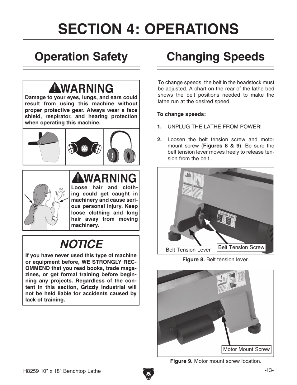 Operation safety, Notice, Changing speeds | Grizzly H8259 User Manual | Page 15 / 36