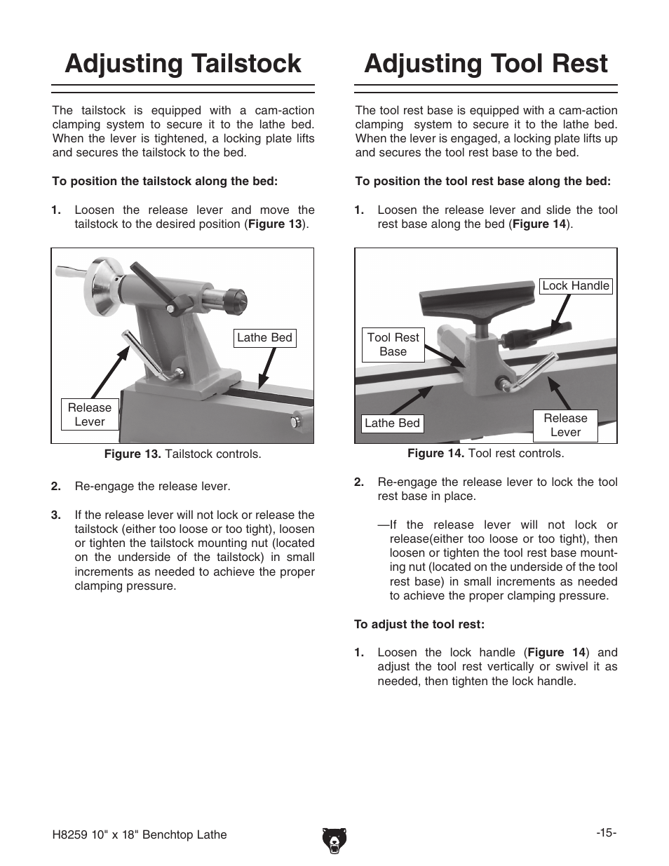 Adjusting tailstock, Adjusting tool rest | Grizzly H8259 User Manual | Page 17 / 36