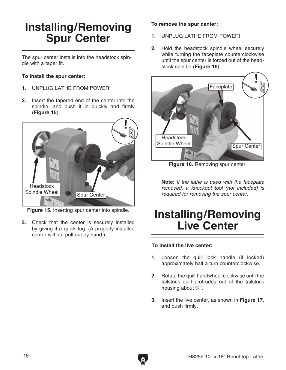 Installing/removing spur center, Installing/removing live center | Grizzly H8259 User Manual | Page 18 / 36