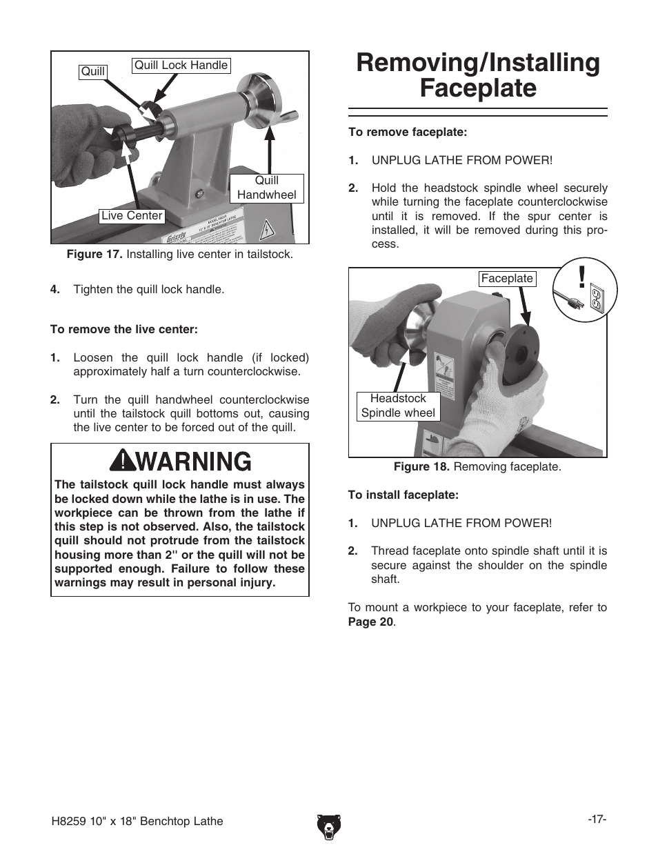 Removing/installing faceplate | Grizzly H8259 User Manual | Page 19 / 36