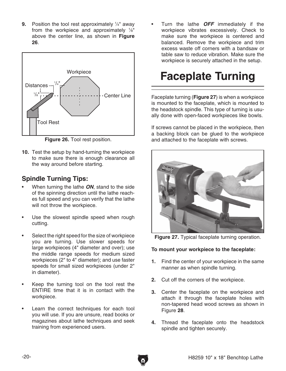 Faceplate turning, Spindle turning tips | Grizzly H8259 User Manual | Page 22 / 36