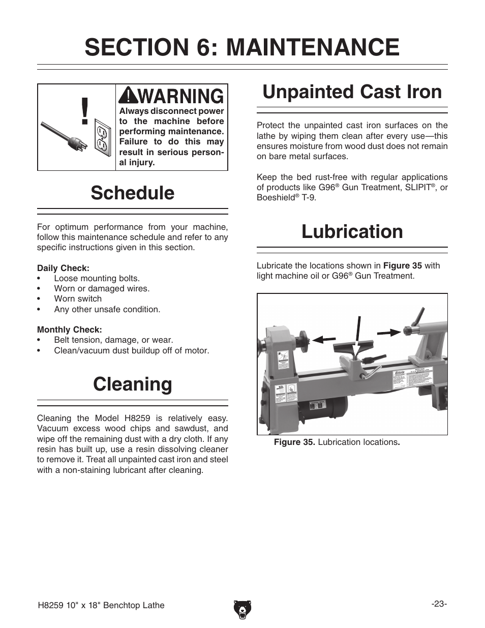 Schedule, Cleaning, Unpainted cast iron | Lubrication | Grizzly H8259 User Manual | Page 25 / 36