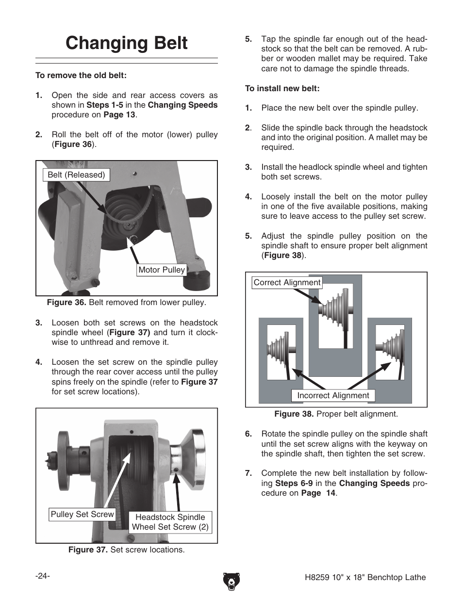 Changing belt | Grizzly H8259 User Manual | Page 26 / 36