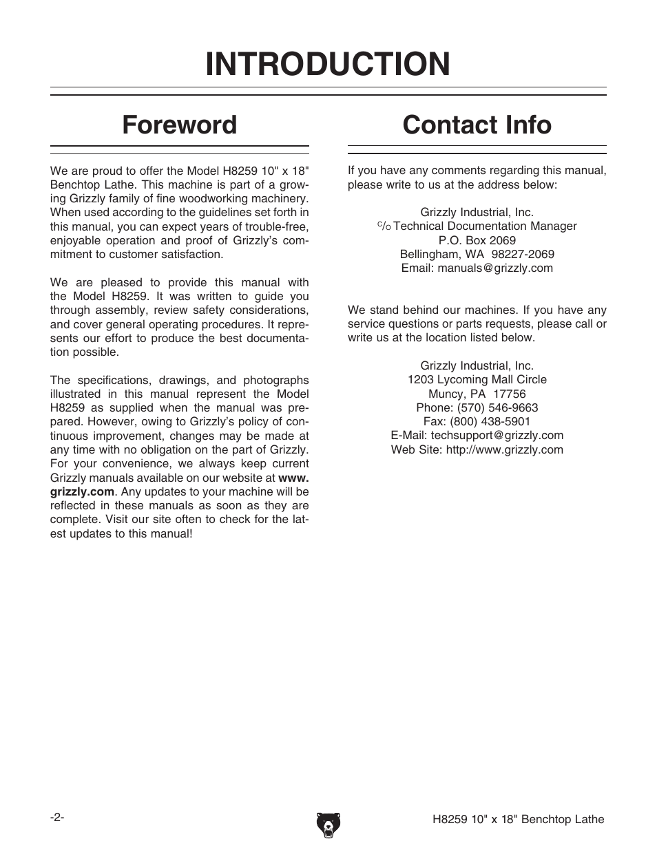 Introduction, Foreword, Contact info | Grizzly H8259 User Manual | Page 4 / 36