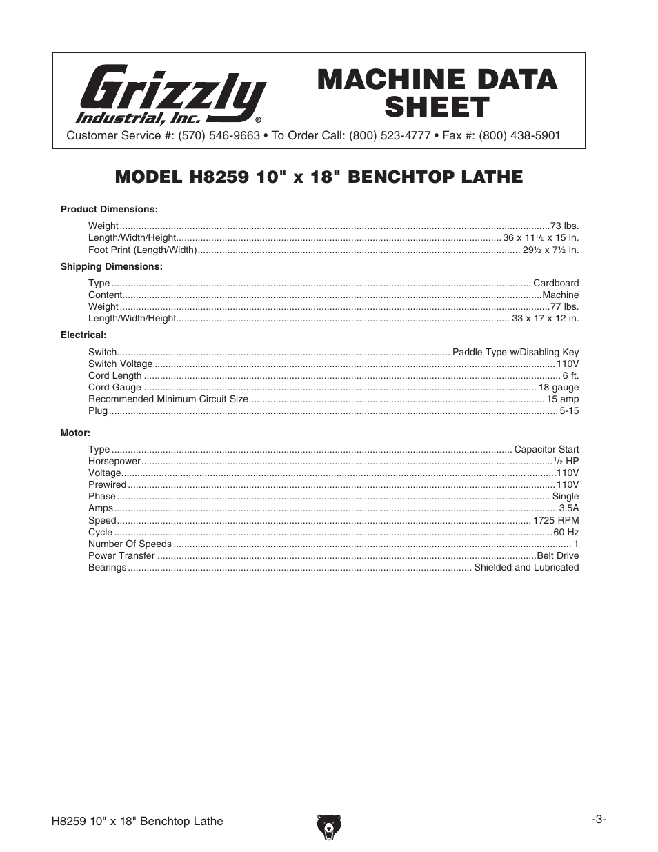 Grizzly H8259 User Manual | Page 5 / 36