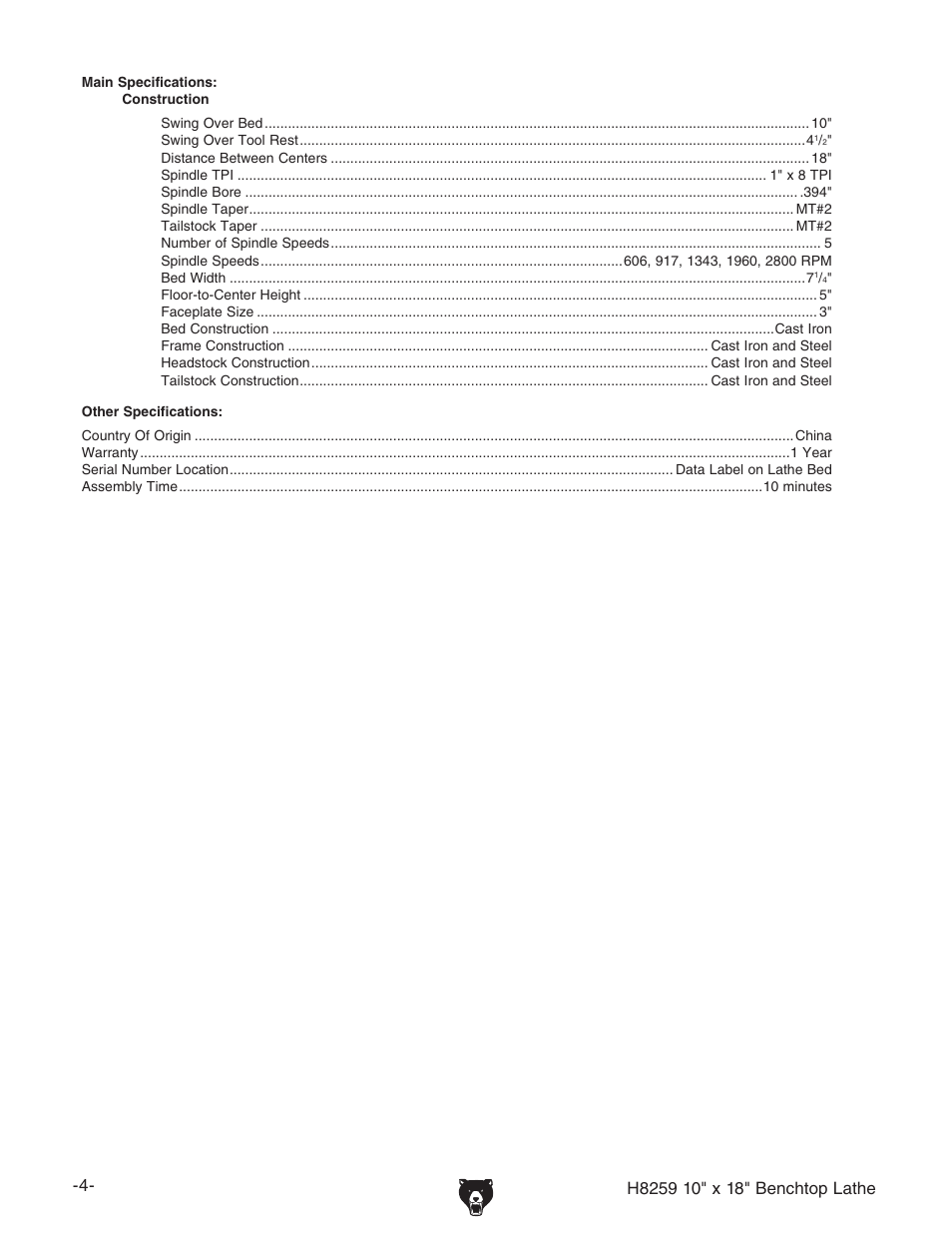 Grizzly H8259 User Manual | Page 6 / 36